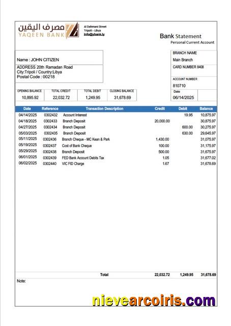 Libya Yaqeen Bank statement Word and PDF